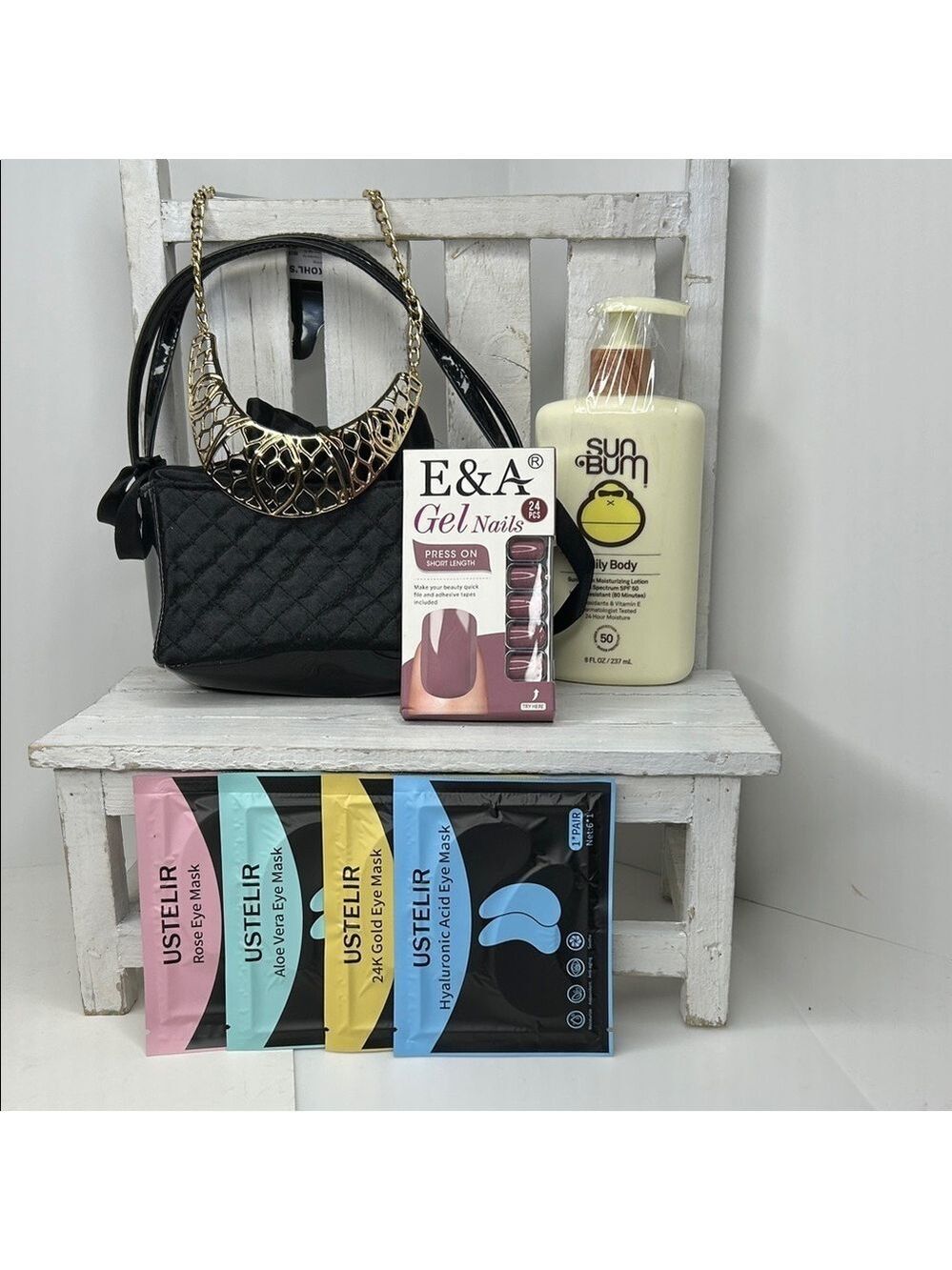 Women’s Accessory Set- Mini Bag, Necklace, Nails, Lotion & Eye Mask Set